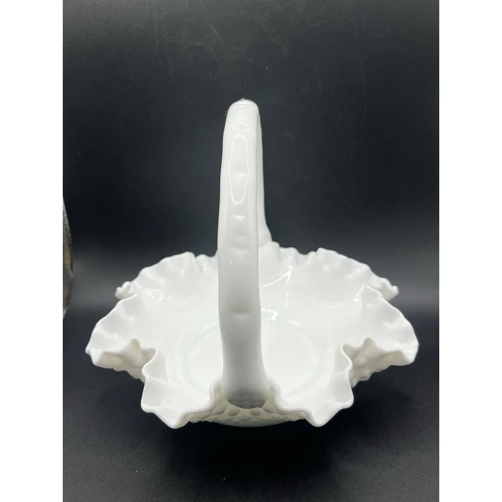 Fenton White Hobnail‎ Glass Basket w/ Handle - 7